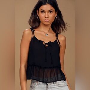 🔥 $90 CHARLIE HOLIDAY Senorita Black Sheer Ruffled Sleeveless Crop Top 🔥